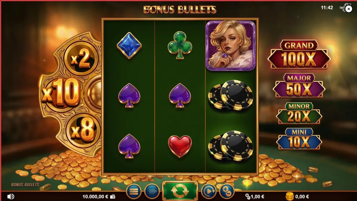 Bonus Bullets স্লটের গ্ল্যামারাস এবং নোয়ার থিমযুক্ত ইন্টারফেস
